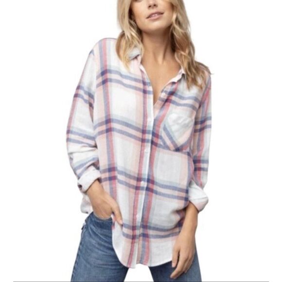 Rails Linen Blend Natalie White Melon Plaid Shirt - Picture 1 of 10